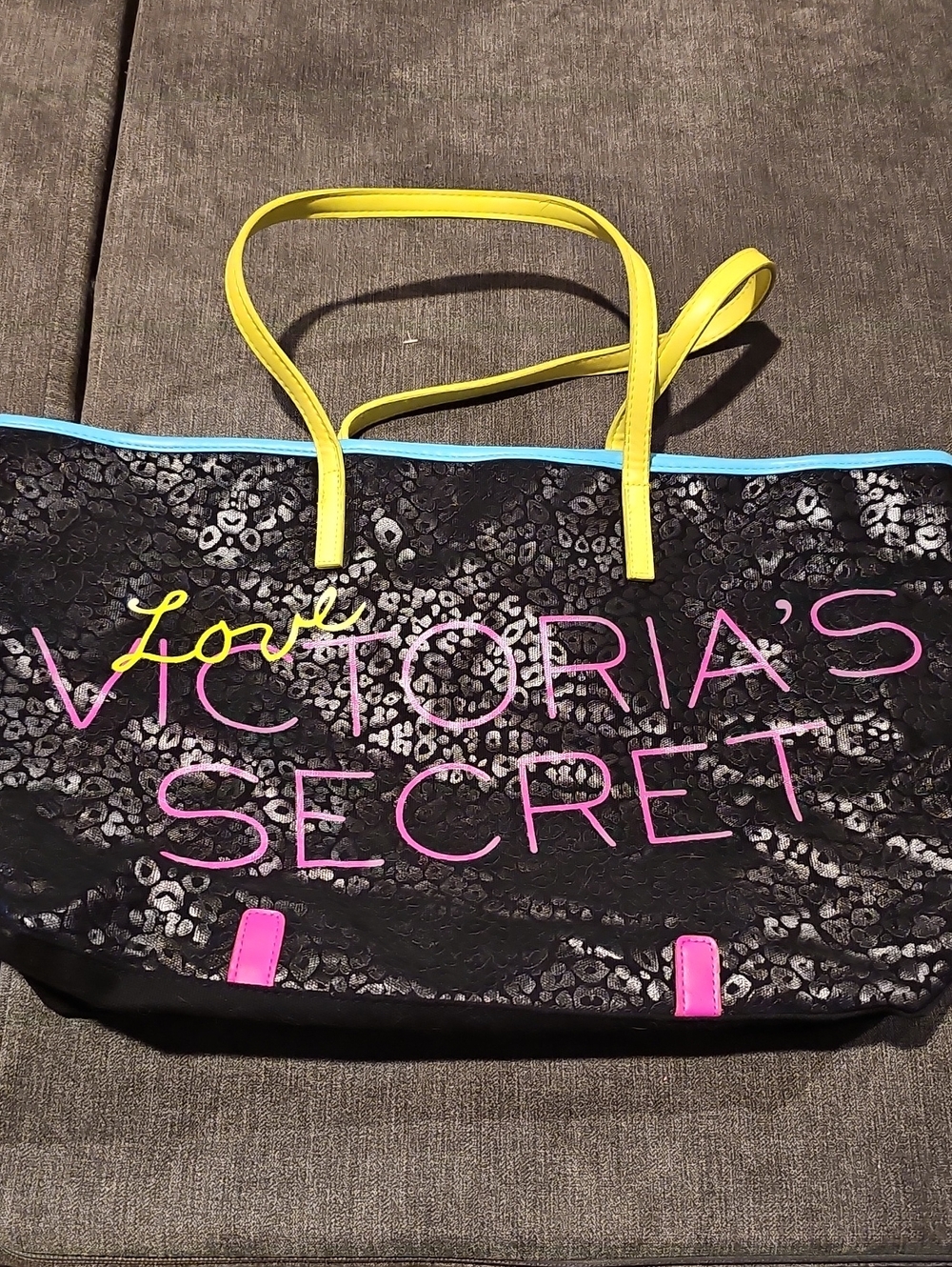 Victoria's Secret Black Leopard Tote with Yellow Handles and Pink Trim